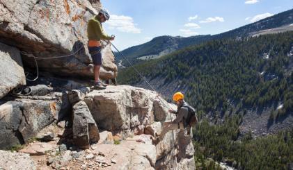 Two rock climbers in action atop a cliffside with vast trees in the background
