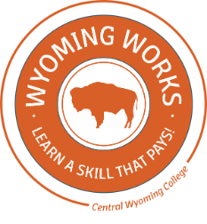 An orange circle with a buffalo at the center. Words say Wyoming Works, learn a skill that pays, central wyoming college