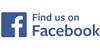 Find Us on Facebook in blue lettering with the facebook icon which is a blue box with a lowercase f.