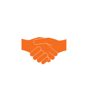 A handshaking icon in orange